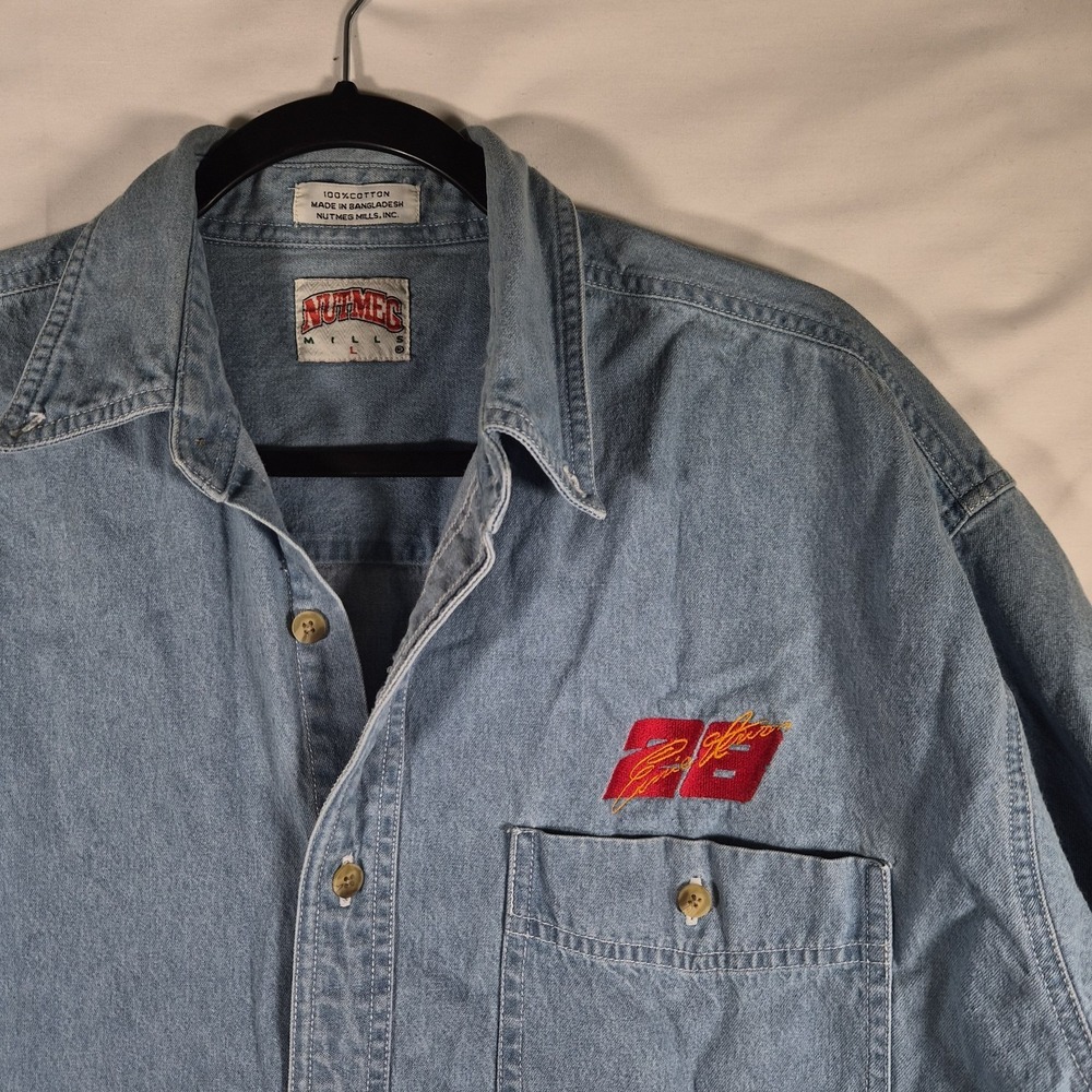 Vintage Y2K Dale Jarrett #28 NASCAR Nutmeg Mills Denim Shirt Mens Large...